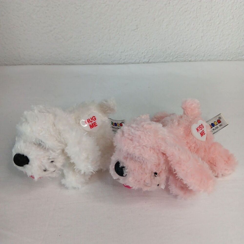 Aurora Mini Puppies Plush Pink Kiss Me Heart & White Hug Me Heart Valentines Day
